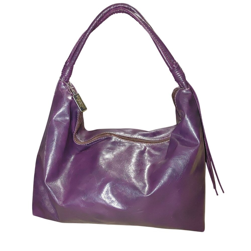 Umberto Bossi Purple Faux Leather Hobo Shoulder Bag  Zipper Tassel Accents
